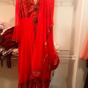 Red anarkali suit with pajami and dupatta